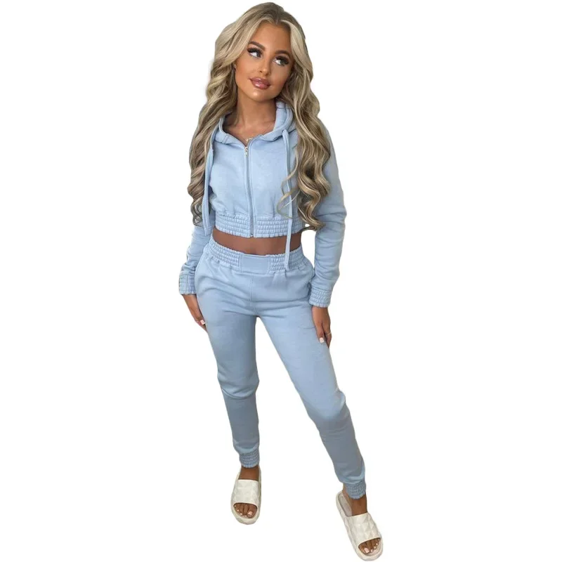 European and American women's new fashion plush sweater with a hooded sports casual set two piece sets womens outifits
