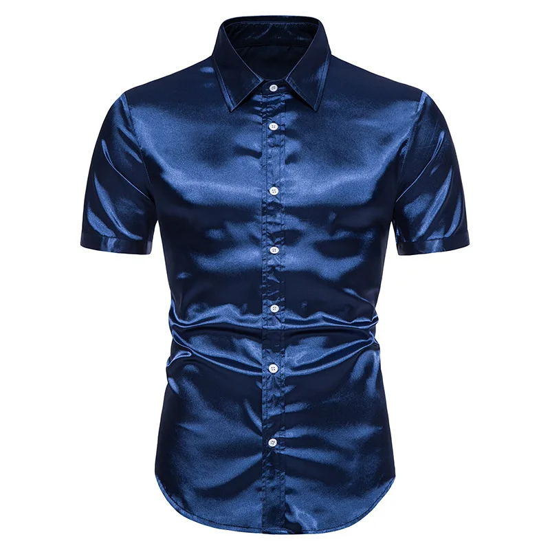 

Mens 70s Disco Satin Dress Shirts Regular Fit Silk Casual Short Sleeve Business Dance Party Shirt Men Wrinkle Free Tuxedo Shirt