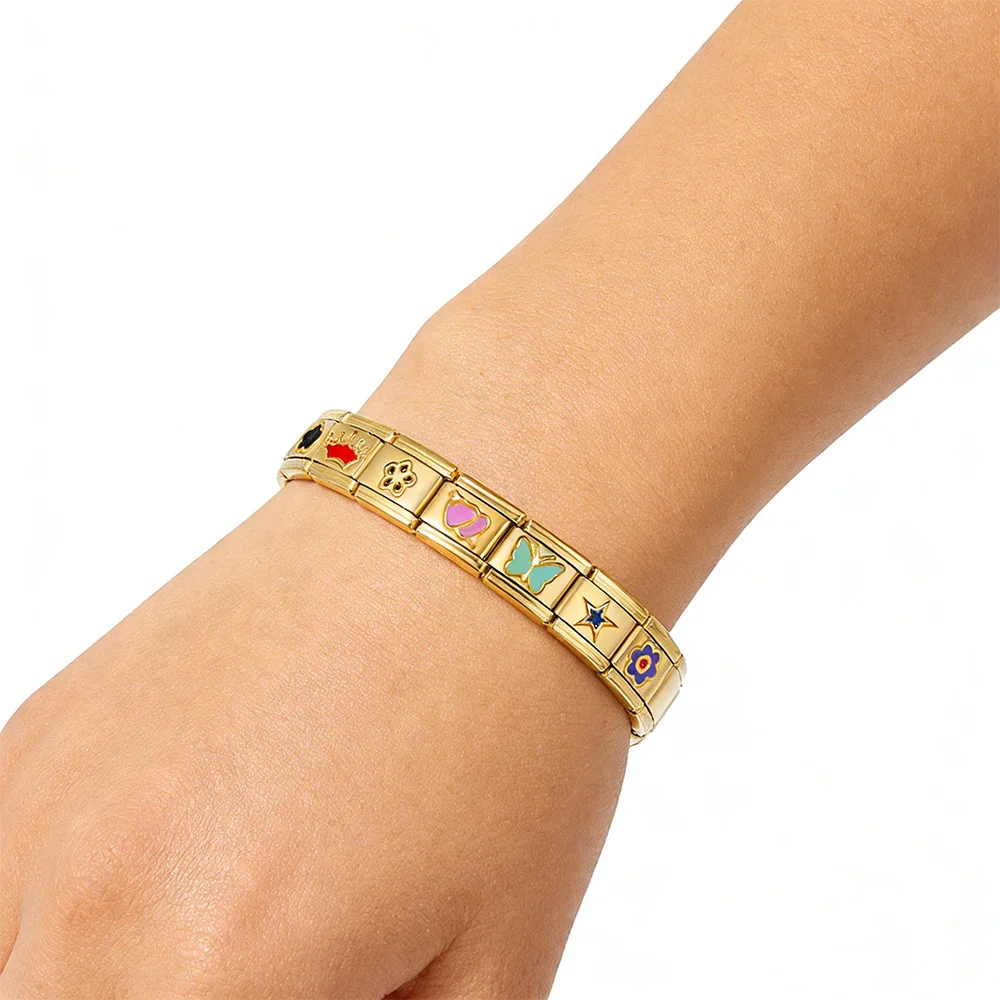 GEMOSA Neue Trendige Goldfarbene Blumen-, Schmetterlings-, Stern- und Kronen-Italienische Gliederkette für 9mm Charm-Schmuck DIY-Herstellung Edelstahl-Armbänder – Detail 4