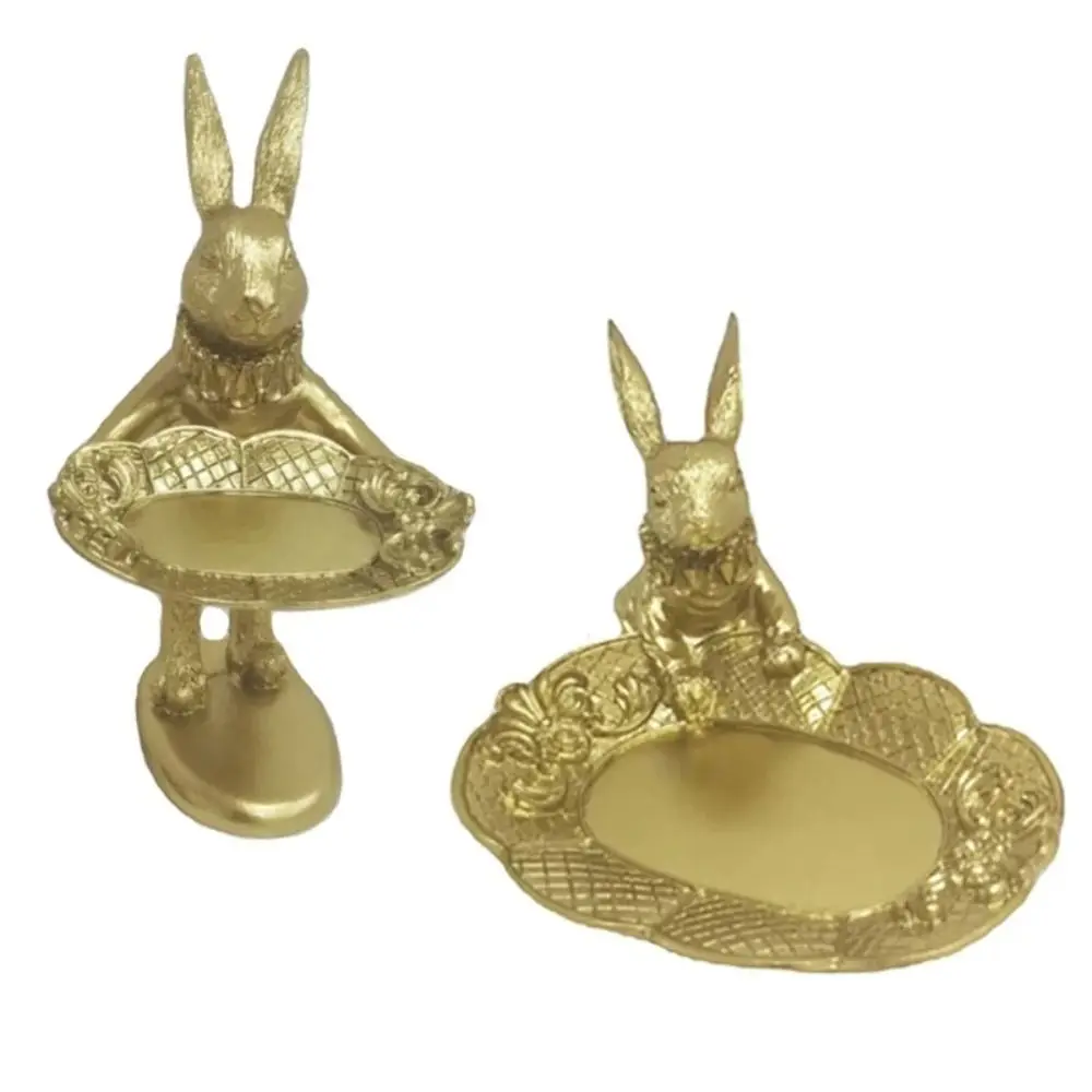 Cute Gold Bunny Statue Jewelry Ring Tray Easter Bunny Resin Statue Plate Miniature Tray Home Table Table Decorations