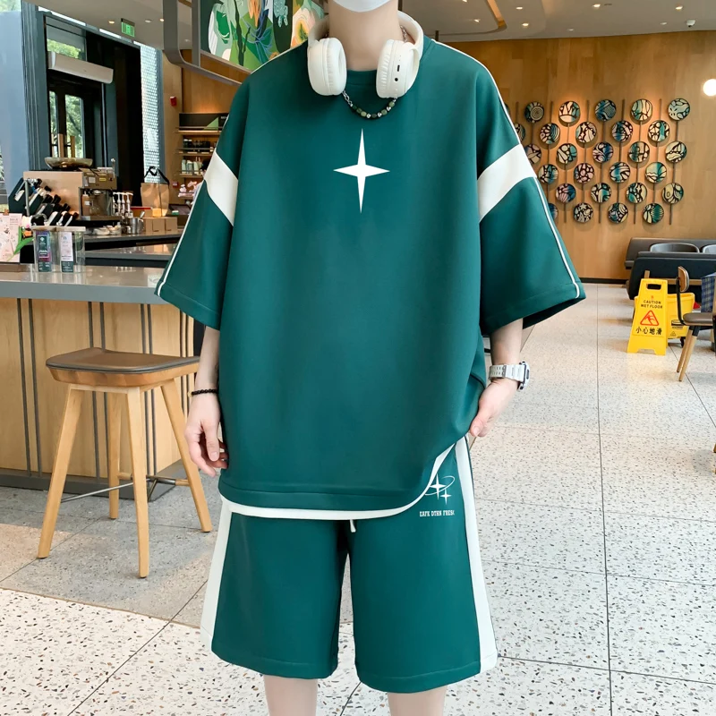 

Модный мужской летний костюм из 2 предметов, повседневный костюм с круглым вырезом и коротким рукавом, Мужская футболка с круглым вырезом и шорты, уличная одежда в стиле Харадзюку, мужской костюм f