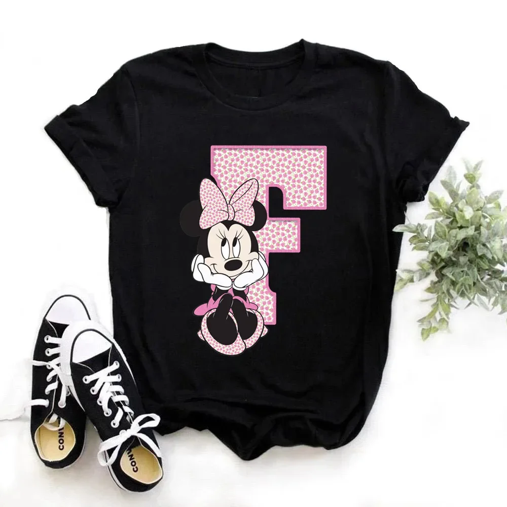 thumbnail image 1 of Camisetas de algodón de manga corta de verano para niños, camiseta rosa con letras de Minnie Mouse, fuente ABCDEFG, divertida y bonita para niño y niña, 1 of 5
