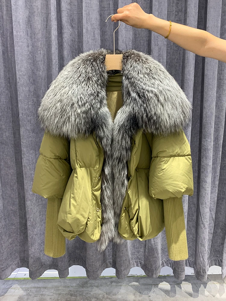 2022 Autumn Winter Oversized Winter Warm Real Fox Fur Collar Black Down Coat Women Puffer Outerwear Jackets