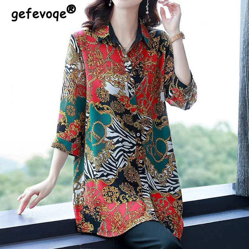 

Vintage Fashion Floral Print Button Long Shirt Summer 2023 Office Lady Polo-Neck Three Quarter Sleeve Loose Tops Ladies Clothing