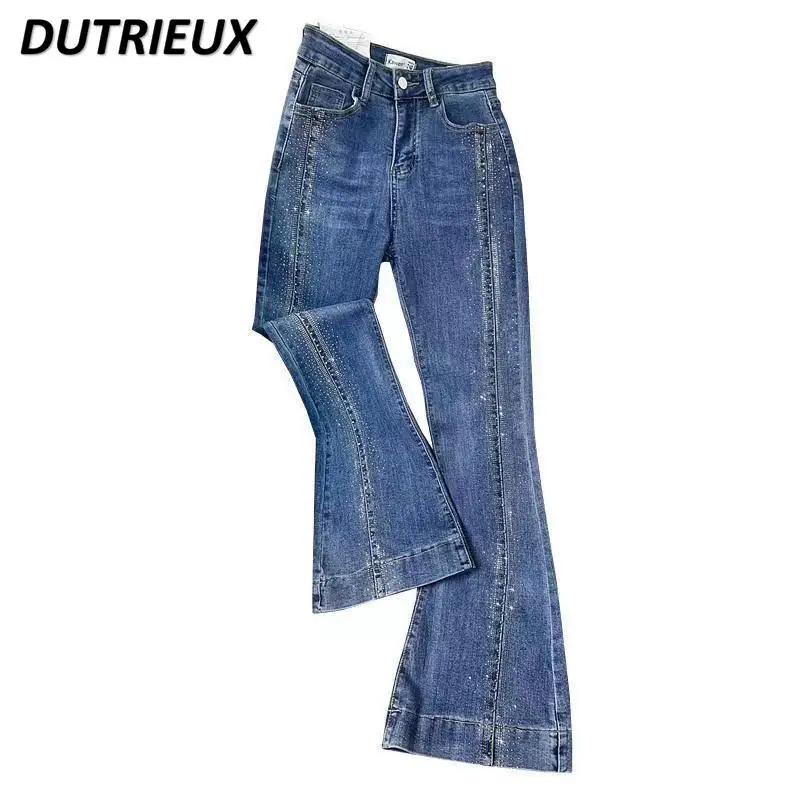 Hot Rhinestone Women's Jeans 2023 Autumn New Korean Style Fashion Stretch  High Waisted Flared Pants Femle Blue Denim Trousers