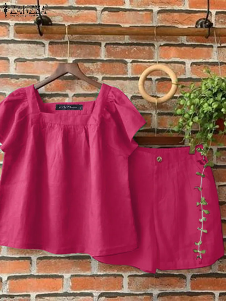 

Комплект ZANZEA женский из 2 предметов, Элегантная блузка с квадратным вырезом, модные штаны, однотонные свободные брюки, повседневный спортивный костюм, на лето