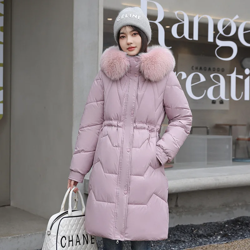 Winter Fur Collar Hooded Mid-length Puffer Jacket Women Parka Thick Warm Down Cotton Jacket Slim Waistband Korean Coat Black