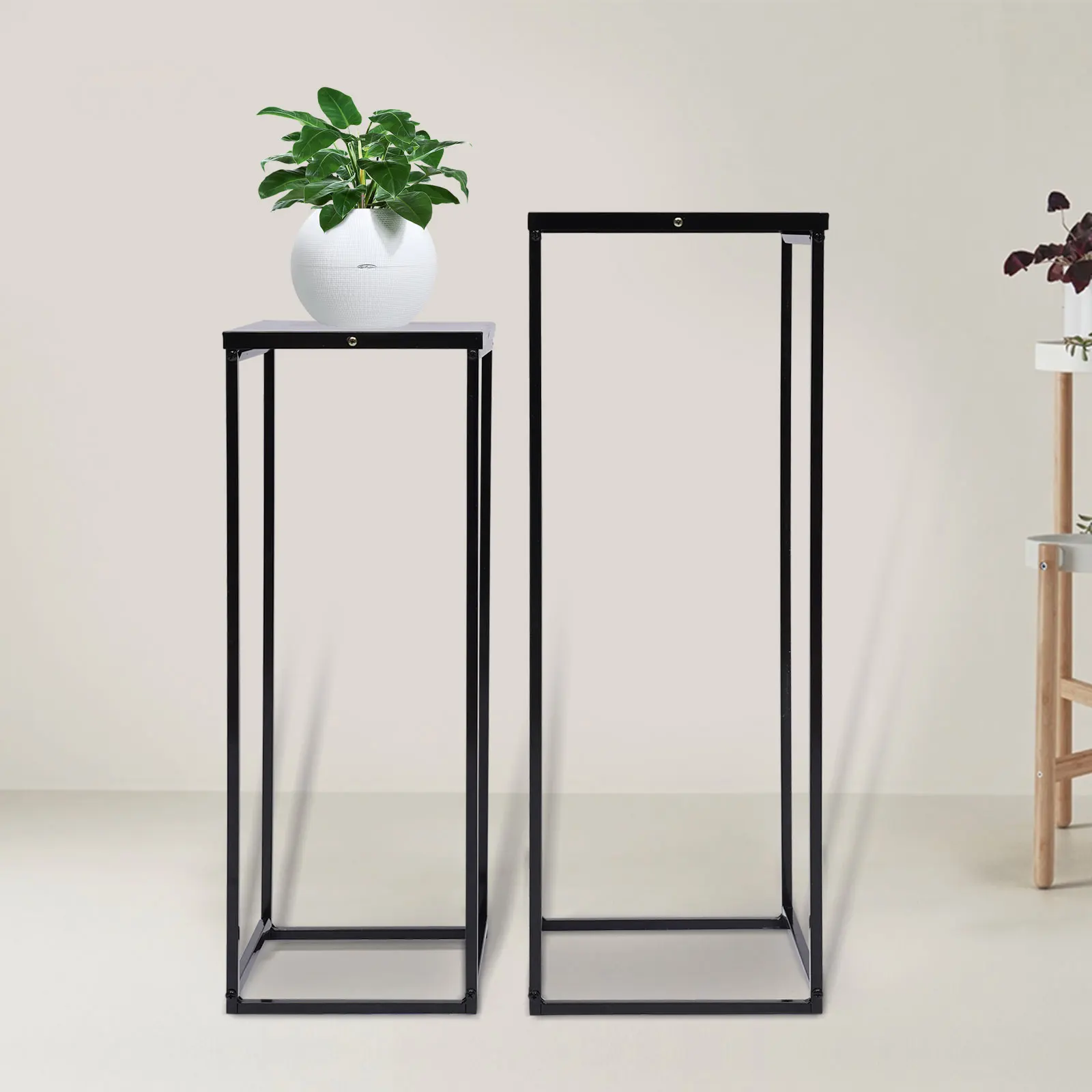 Paozel Portavaso rotondo con due ripiani in metallo (altezza 50 cm, diametro 25 cm), supporto per piante, colonna, struttura e vasca, tavolino per fiori, supporto per piante (nero