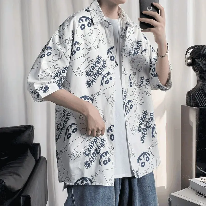 

Crayon Shin Chan Kawaii Short Sleeve Anime Cute Cartoon Bandai Short Sleeved Floral Shirt Loose Casual Inch Shirt Jacket Cloth
