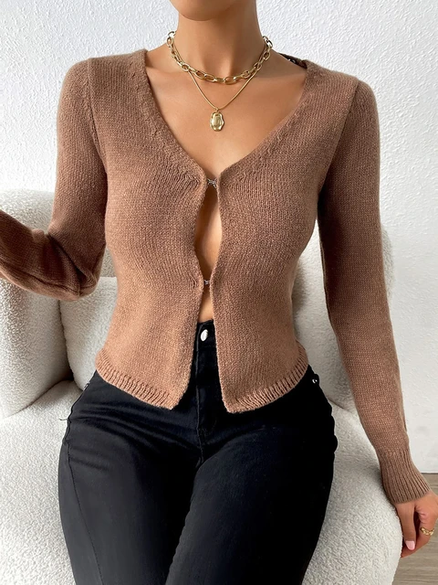 Women's Solid Color Cropped Cardigan Long Sleeve V Neck Solid Color Hook  and Eye Knit Sweater Spring Autumn Crop Tops - AliExpress