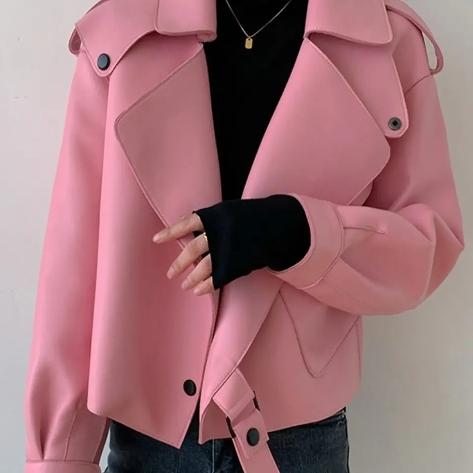 Red Leather Jacket for Ladies, Genuine Sheepskin Outerwear, Short Version, Loose Motorcycle Jacket, Spring and Autumn Tops