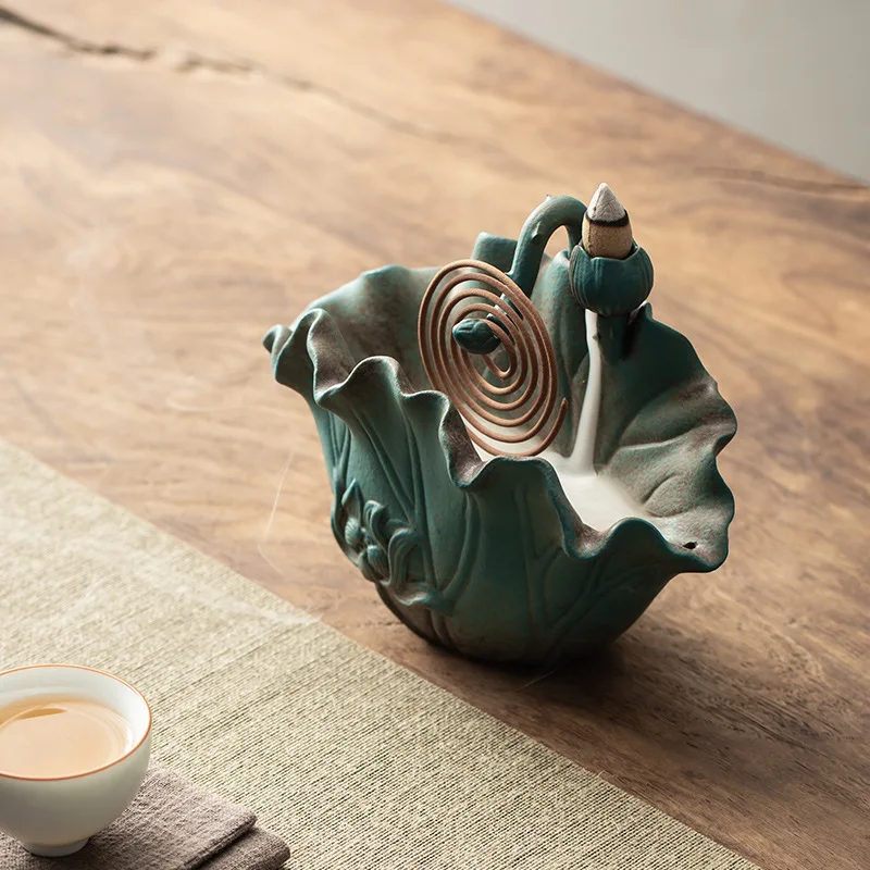 0028 Handmade Ceramic Lotus Leaf Incense Burner Creative Incense Sandalwood Household Indoor Burner Room Decorations