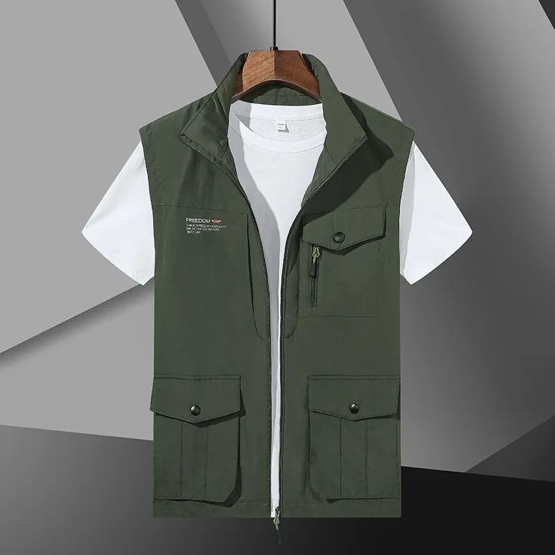 Spring Autumn Men's Turn-down Collar Solid Zipper Letter Printing Pocket Sleeveless Cardigan Vest Coat Fashion Casual Tops