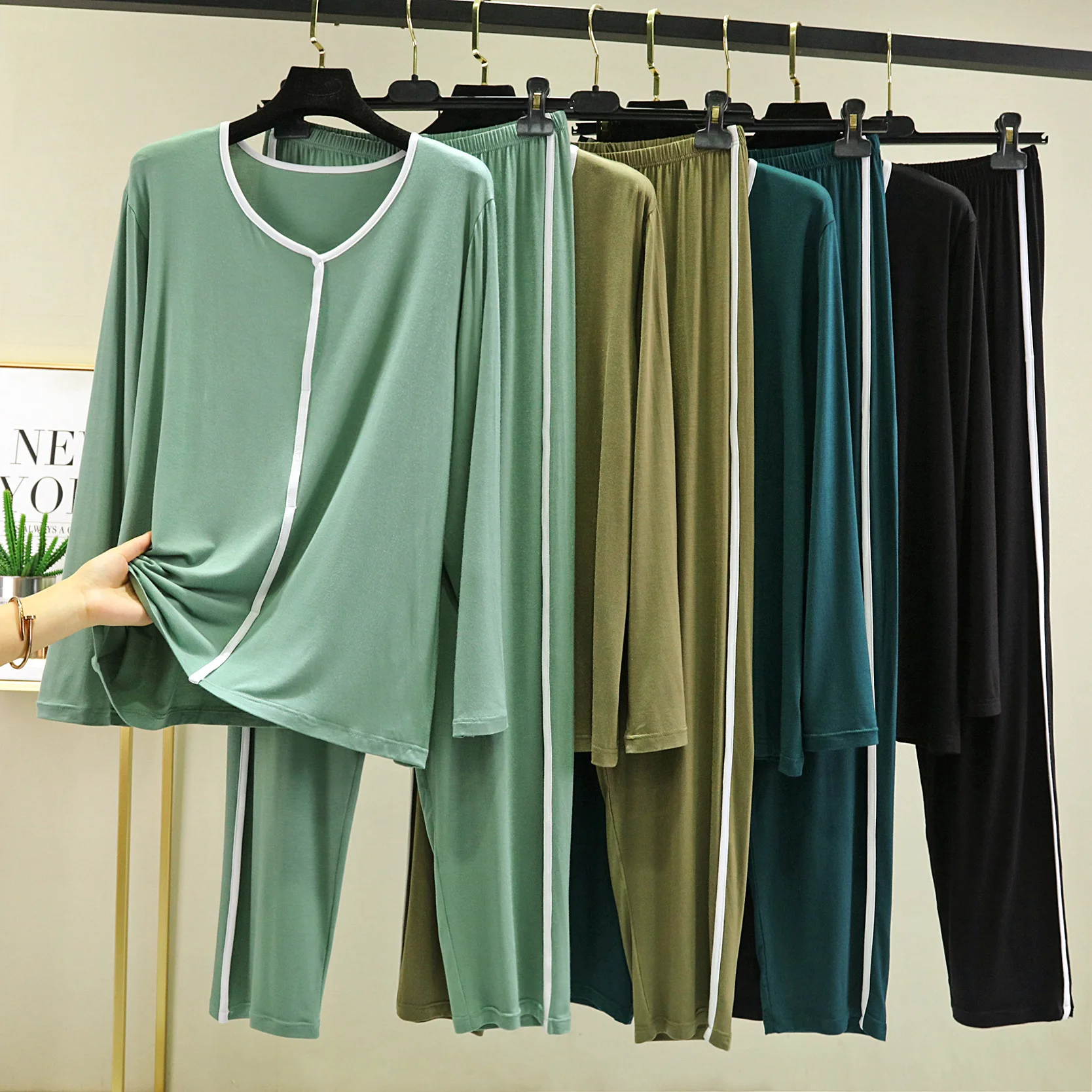 Fdfklak Ensemble Femme 2 Pièces Neuer 2023 Frühlings-Herbst-Nachtanzug für Damen, Loungewear, Modal-Pyjama, Langarm-Hose, Schlafset – Detail 1
