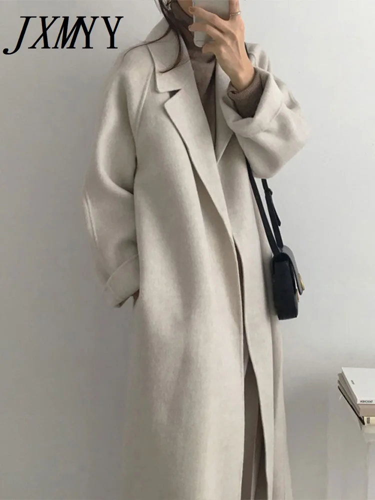 JXMYY French Lazy Style Warm Female Fresh Winter 2025 Classical Belt Retro Loose Women Woolen Coats Chic Casual Long Coat Long 2