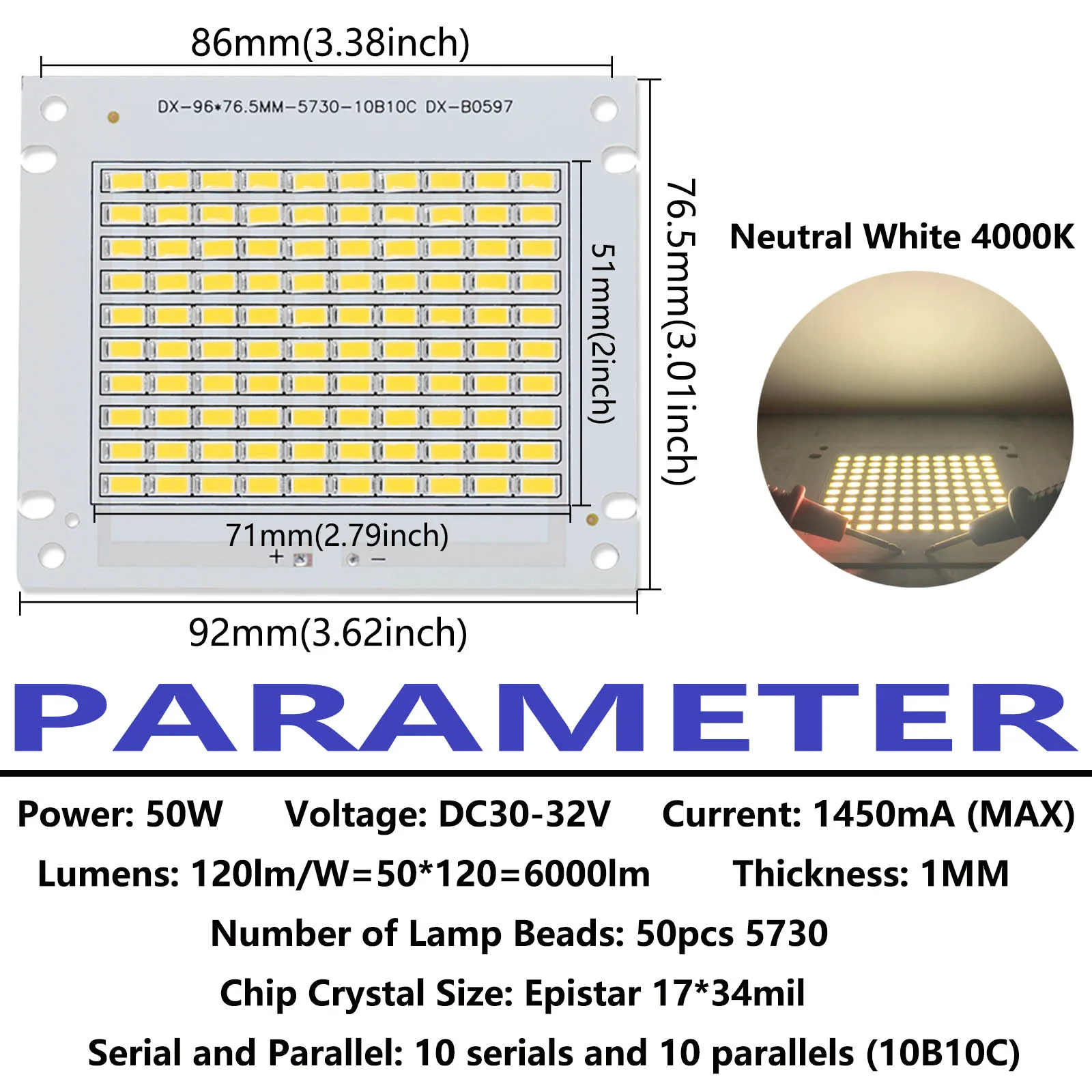 LED 5730 칩 DC30-32V 에피스타 PCB 투광 조명용 COB 다이오드 비즈, DIY 스포트라이트, 야외 조명용, 50W, 1450mA, 6000lm