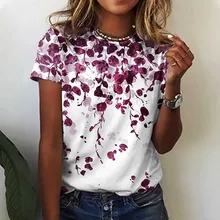 2022 New Summer Flower Branch Theme Printing Women's T-shirt Fashion Round Neck Slim Short Sleeve Casual Street Style Top Women