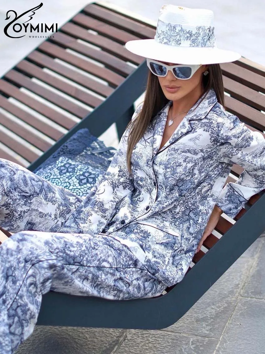 Oymimi Elegant Blue Print Sets For Women 2 Pieces Fashion Long Sleeve Button Pockets Shirts And High Waisted Straight Pants Sets