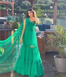 Green A Line Prom Dresses One Shoudler Bridal Evening Dress Tulle Floor Length New Formal Party Night Gowns