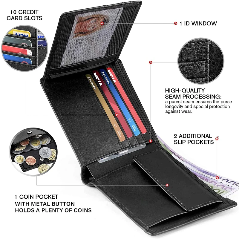 YATBEST Men's Wallet Three Fold Large Capacity 100% Genuine Leather RFID Anti Theft Brush With Coin Pocket Minimalist Money Bag 2