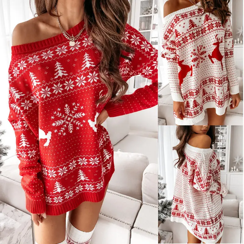 

Women's Knitted Jacquard Christmas Sweater Autumn Winter Long Sleeve Loose Casual All Match Pullovers Trend Party Streetwear