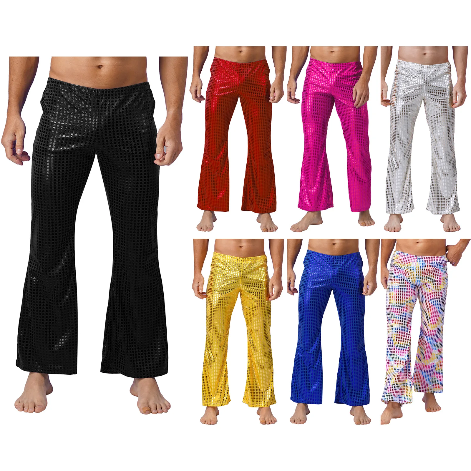 Mens Shiny Sequins Long Pants Disco Dance Pants Party Stage Performance Costume Bell Bottom Elastic Waistband Flared
