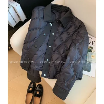 Giacca in cotone con colletto polo con griglia a diamante nero Donna Autunno e inverno 2025 corta con un cappotto in cotone dal design sottile e leggero 1