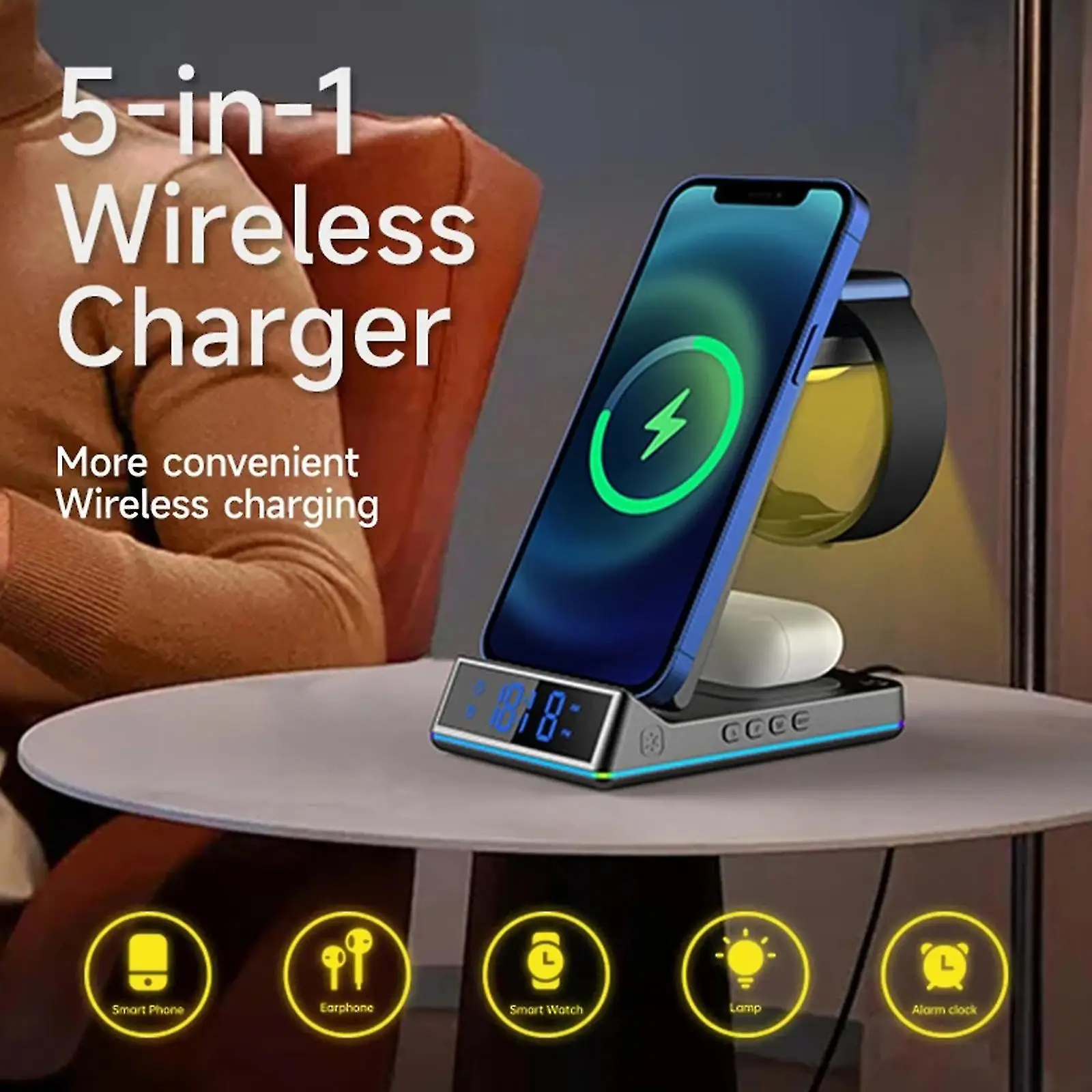 

5 In 1 Foldable Wireless Charger Stand RGB Dock LED Clock 15W Fast Charging Station for iPhone Samsung Galaxy Watch 5/4 S22 S21