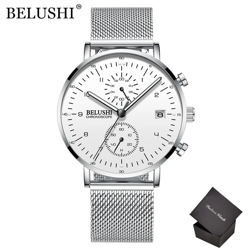 BELUSHI Fashion Top Brand Luxury Ultra-Thin Watch for Men Mesh Steel Sport Watches Men Quartz Waterproof Mens Clock Reloj hombre 