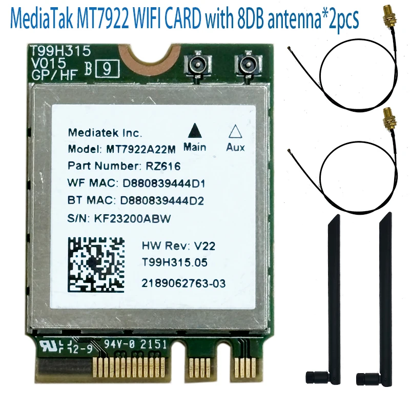 MT7922 Wi-Fi 6E 무선 LAN 카드 2400Mbps wifi 네트워크 카드 Bluetooth 5.2 MU-MiMO 어댑터 용 2.4G 5G 6G 802.11AX M.2 NGFF