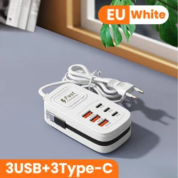 6 - Port USB Fast Charger Power Strip with Desktop Charging Station and Universal Plug Options - 3USB3C White EU