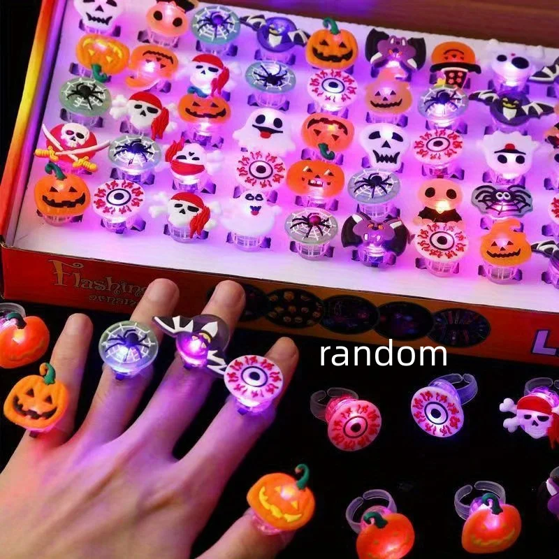 50pcs LED Cartoon Light Up Ring Glowing Luminous Finger Rings Glow In The Dark Christmas Halloween Party Supplies Kids Gift