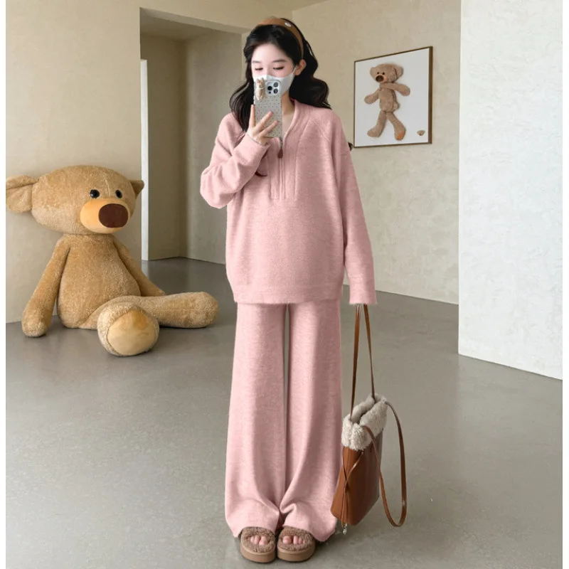 임부복 봄 가을 2026 심플 캐주얼 부드럽고 편안한 지퍼 스웨터와 와이드 레그 팬츠 투피스 세트