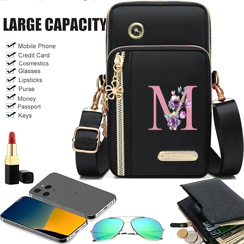 Floral Print Mobile Wallet with Zippered Card Organizer and Adjustable Strap