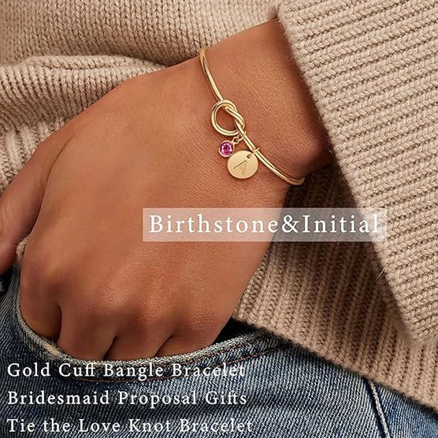 96713-a62c10.jpg Bracelets plaqués or 14 carats avec pierre de naissance initiale pour femmes, cadeau de proposition de demoiselle d'honneur, manchette avec nœud d'amour, cadeaux d'anniversaire