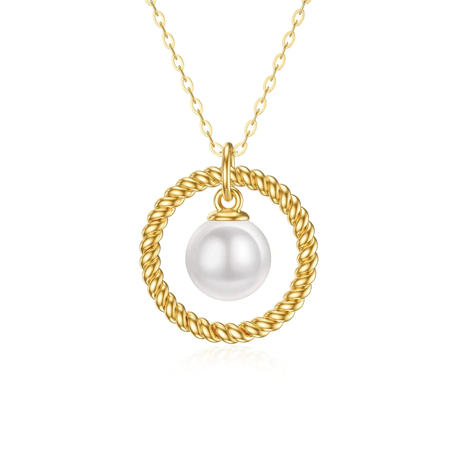 YFN 14K Solid Yellow Gold Twist Eternity Circle Dainty Pendant Necklace 7mm Pearl Fine Jewelry Anniversary Birthday Gifts