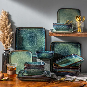Vancass Stern 16 pieces ceramic dishes set tableware oven square green change glaze kitchenware ceramic dining set for 4 persons serving dishes 1