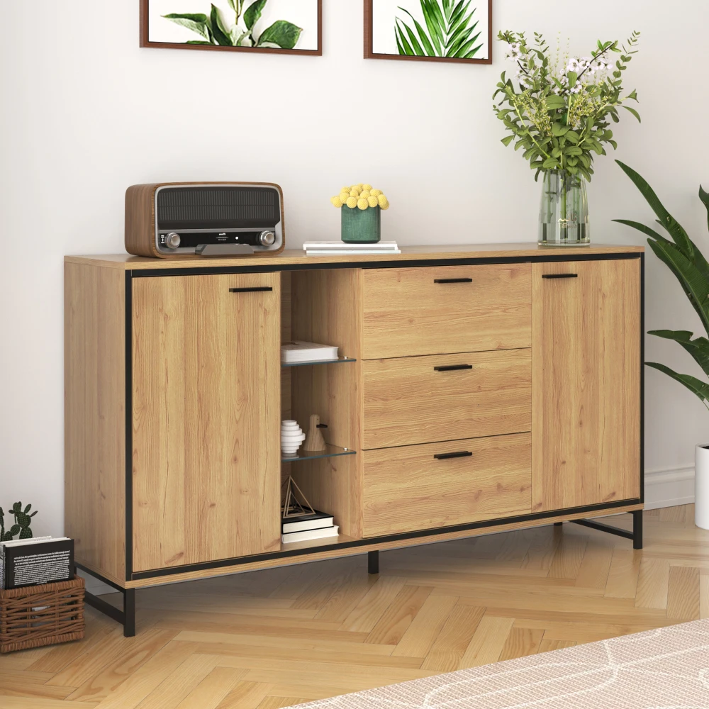 PINGGO Modern Wooden Side Cabinet with Three Drawers - Elegant Carved Storage Console - Stylish And Practical Home Furniture