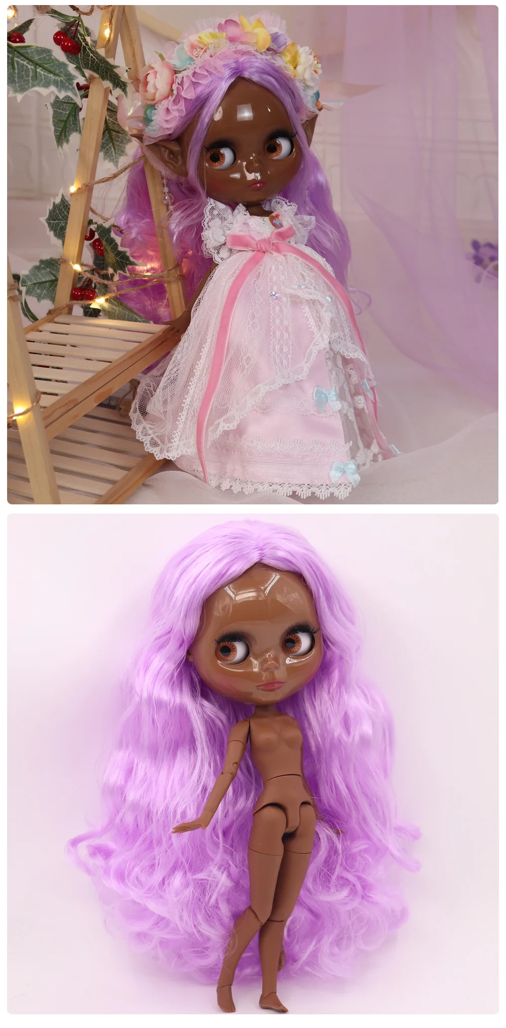 Martha – Premium Custom Neo Blythe Doll with Purple Hair, Black Skin & Shiny Cute Face 3