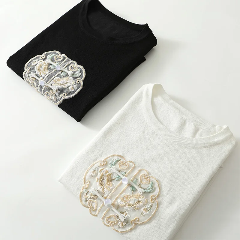 

Women's Summer 2024 New Chinese Style Retro Chic Embroidered Button Solid Color knit Crew Neck Short Sleeve Casual T-shirt Tops