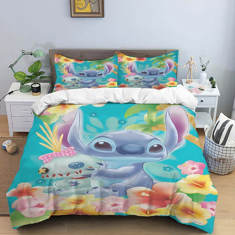 thumbnail image 1 of Disney Cartoon Cute Stitch Print Three Piece Bedding Set Cover Set With Pillowcase Children or Adults King Queen Full Twin Size, 1 of 5