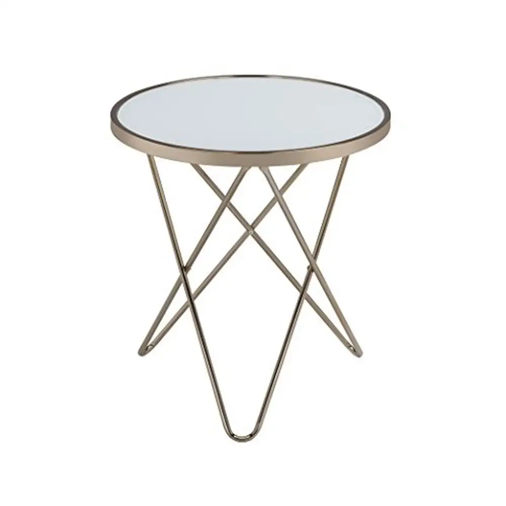 

Contemporary Glass Top End Table with Metal Trim and Overlapped "V" Shape Base White/Gold 22