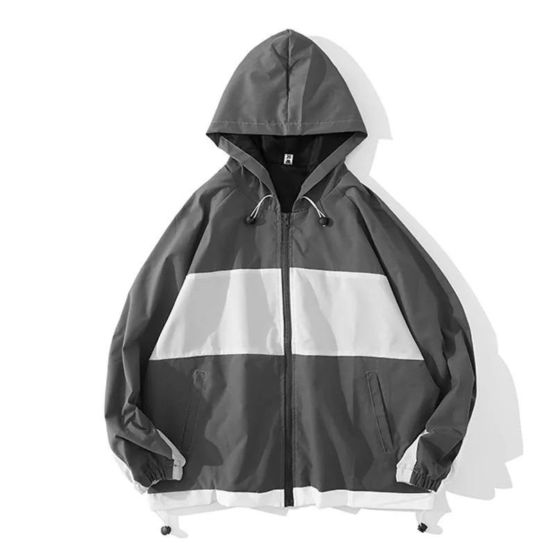 

High Street Hooded Jackets Men Spring Autumn Color Block Windbreaker Loose Coats Fashion Thin Bomber Jacket Jaqueta Masculina