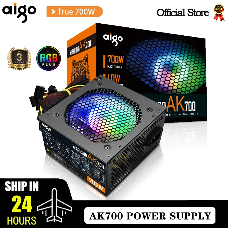 Aigo AK 700W PC PSU Power Supply Unit Black Gaming Quiet 120mm RGB Fan 24pin 12V ATX Desktop Computer Power Supply for BTC