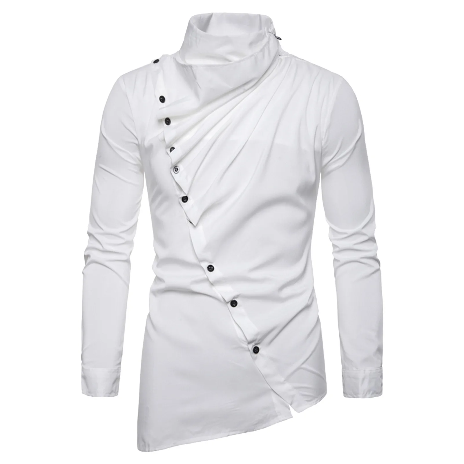 

2023 New Men's Long Sleeve Shirt Asymmetrical Diagonal Front South Korea Fashion Street Dress Cute Personality Top White T-shirt