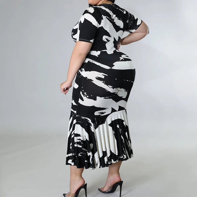 2023 New Women Casual Crew Neck Tie Dye Patchwork Half Sleeve Personality Street Spring Summer Ruffles Plus Size Long Dresses