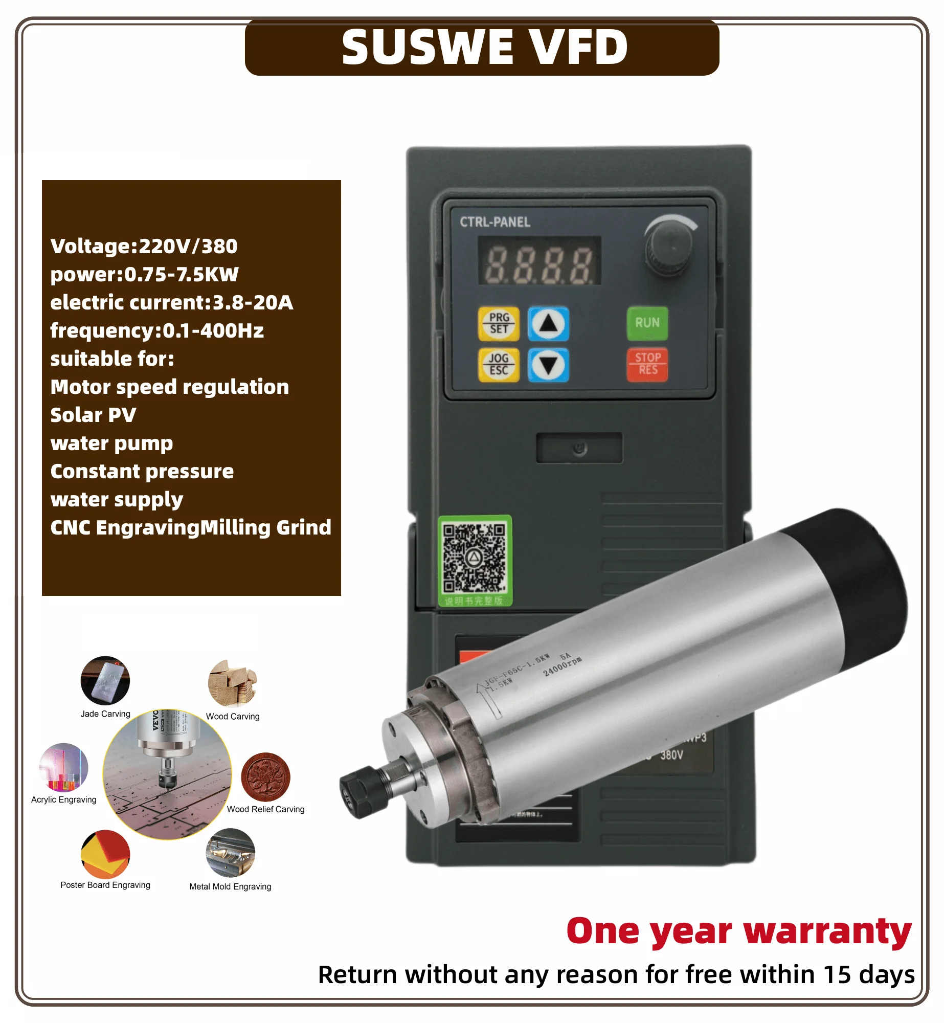 

SUSWE Air Cooled Spindle Motor 0.8KW 1.5KW 2.2KW 4KW Variable Frequency Drive VFD Inverter 220V for CNC Engraving Milling Grind