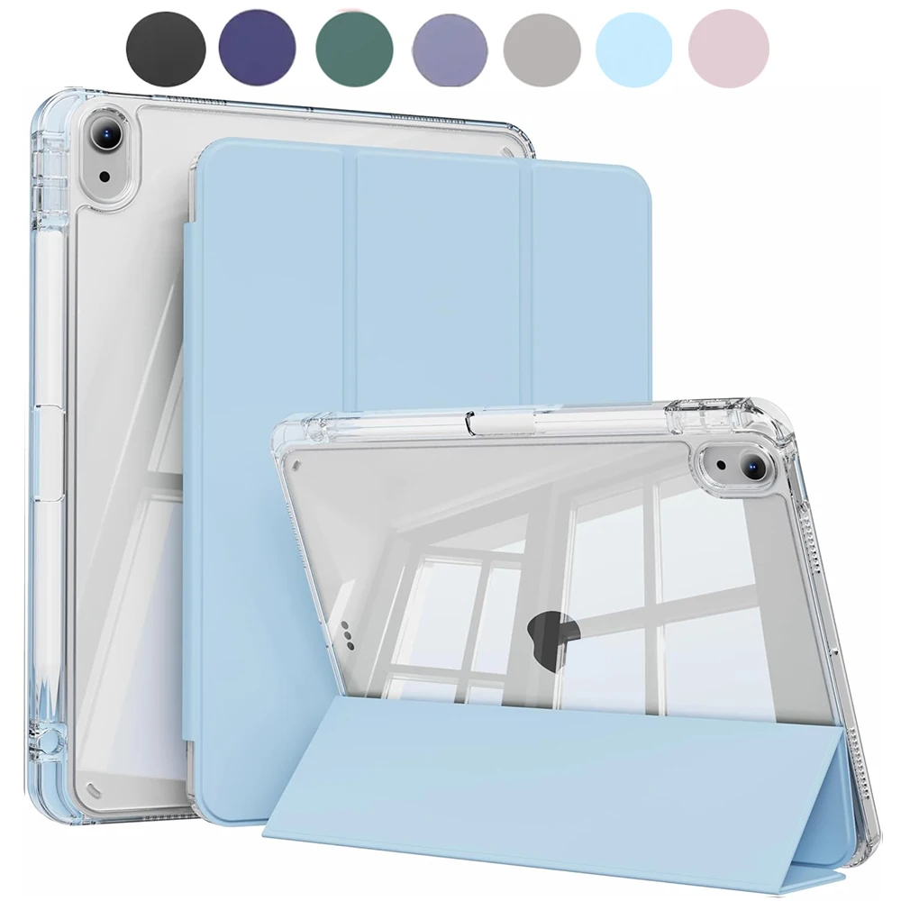 Sleek Transparent Acrylic Back Cover Trifold Stand Tablet Case with Pen Slot