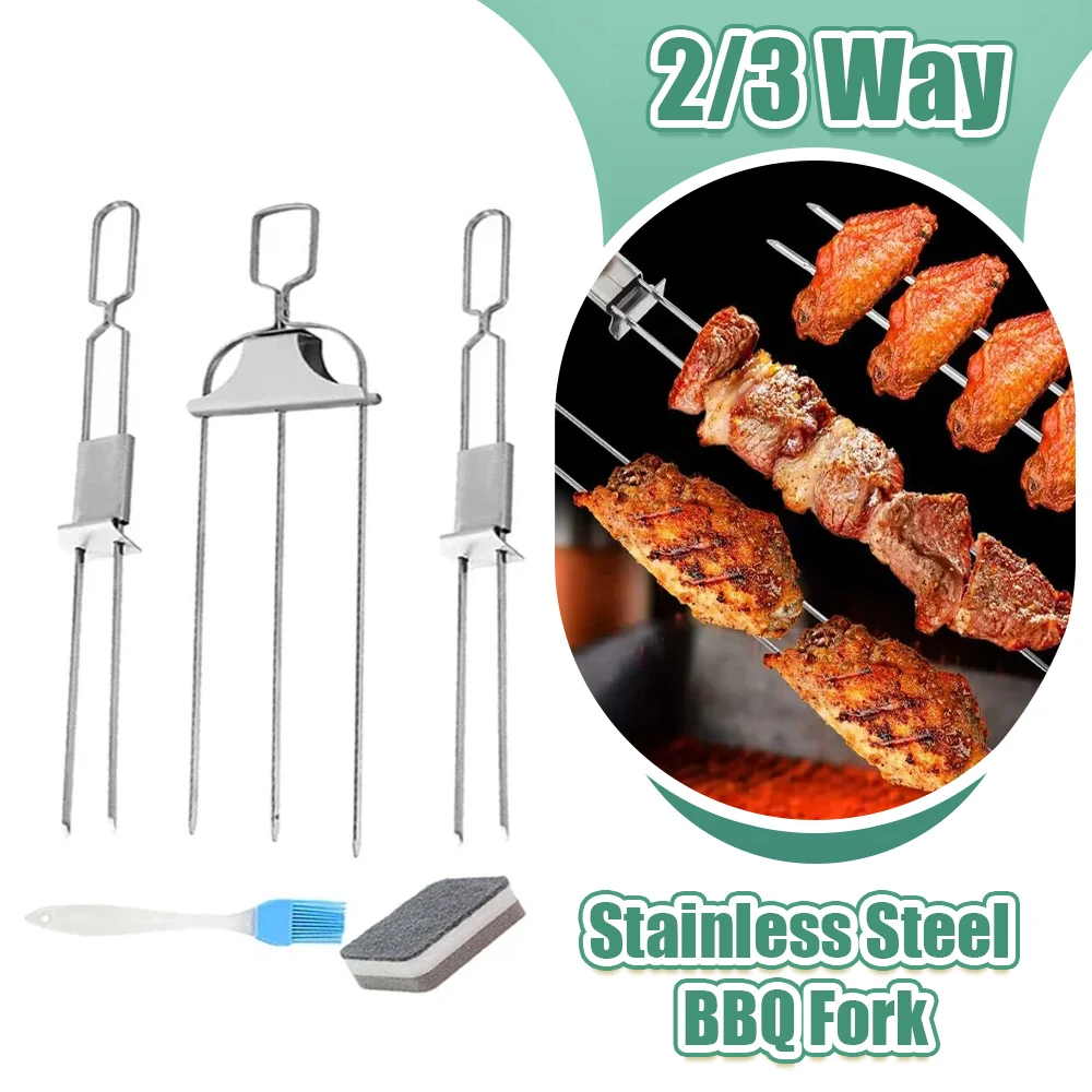 Barbecue Skewers 3 Way Grill Shrimp Stainless Steel Reusable Semi-Automatic BBQ Fork 2 Way Kebab Stick Kitchen Tools