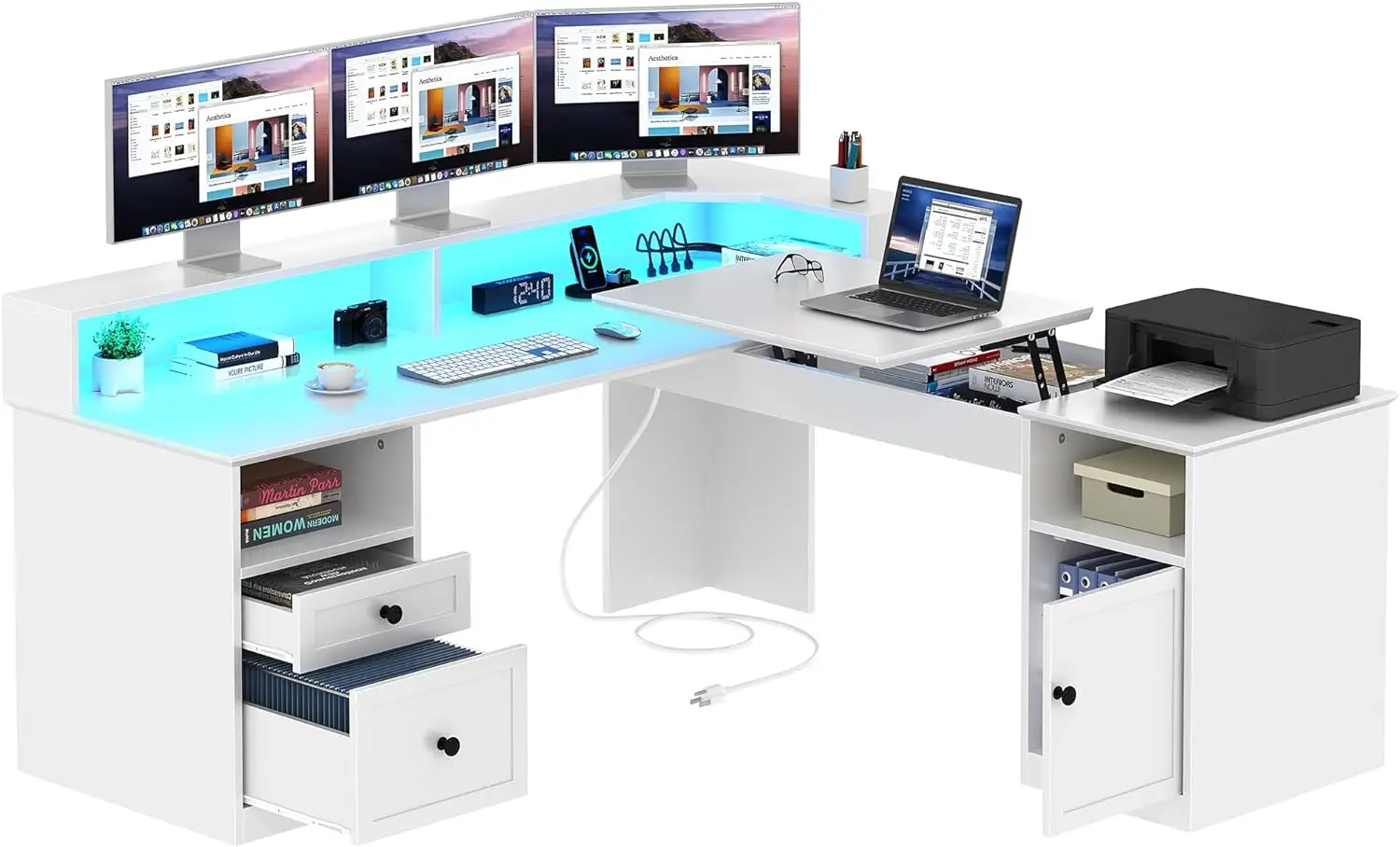 

Desk with Drawers, 60” Corner Computer Desk with Power Outlets & Lift Top, Home Office Desk with Storage Cabinet & LED Lights